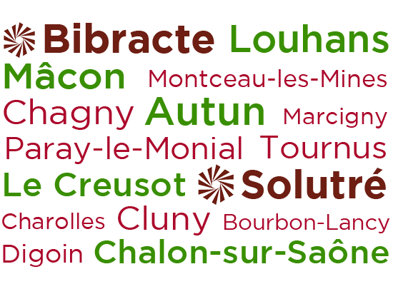 Bibracte | Louhans | Mâcon | Montceau-les-Mines | Chagny | Autun | Marcigny | Paray-le-Monial | Tournus | Le Creusot | Solutré | Charolles | Cluny | Bourbon-Lancy | Digoin | Chalon-sur-Saône | Saône-et-Loire